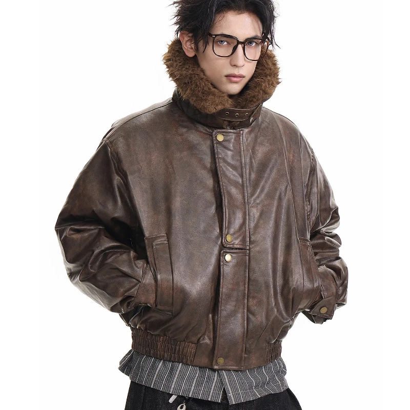 Parka Kulit PU Kerah Bulu Imitasi Trendi Musim Dingin 2025 untuk Pria, Atasan Gaya Motor High Street, Parka Kulit Tebal
