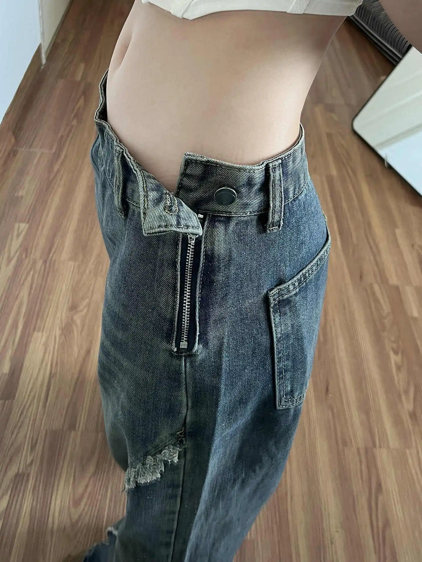 Retro Lace Bow Side Zipper Straight Leg Jeans 2026 Women's American Spring Loose oversize Wide Leg Pants