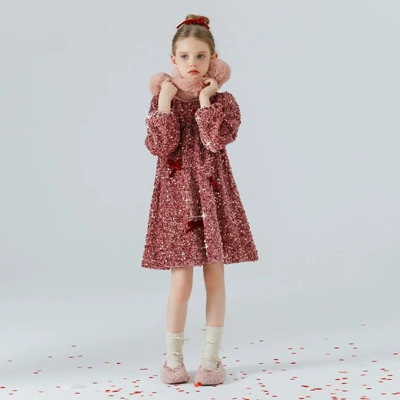 

Новогоднее платье для девочек с круглым вырезом и длинными рукавами, платья принцессы с блестками, детские бутиковые платья для рождественской вечеринки для девочек