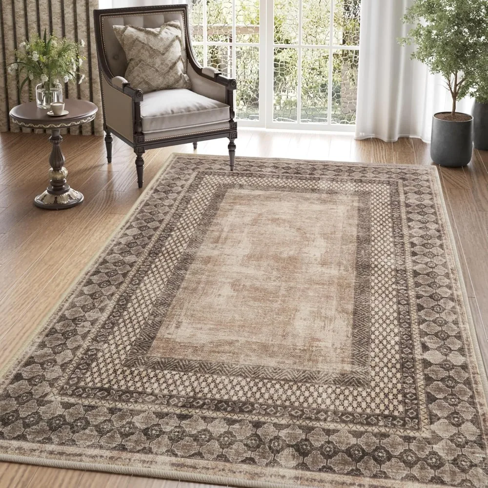Elegant 8x10 Rustic Brown Area Rug, Machine Washable, Non-Slip for Living Room, Vintage Style Bedroom Rug
