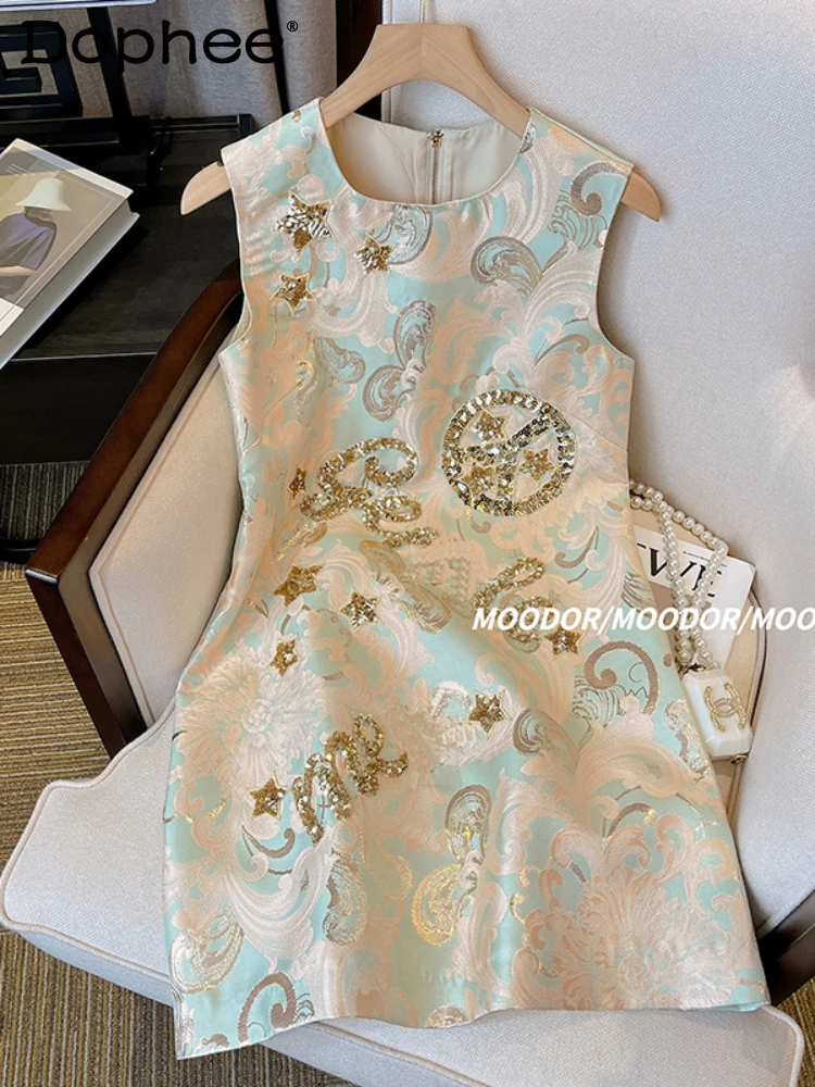 High-End Retro Gilding Jacquard Dress Women 2024 Spring Summer Fashion Sequins Embroidered Crew Neck Sleeveless Short Dress