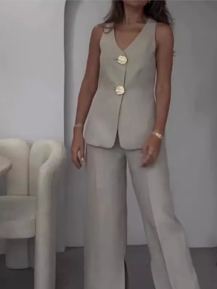 

Fashion Office 2 Piece Sets Womens Clothing Elegant V Neck Sleeveless Button Tops+High Waist Wide Leg Pants Set Lady Summer New