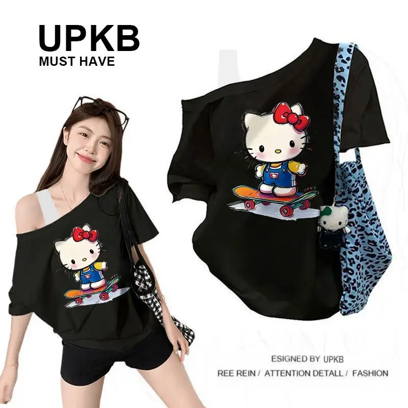 Hello Kitty Off Shoulder T Shirt Women Short Sleeve Loose Soft Cotton Y2K Cute Cartoon Print Casual Streetwear Slant Neck Tops view 5