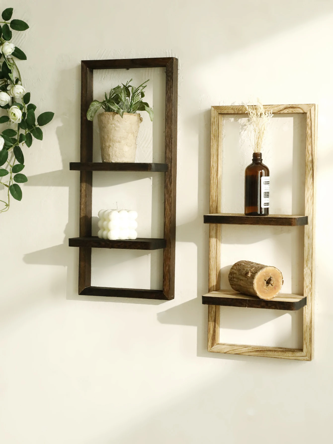 1pc Rustic Wooden Wall Shelves 2-tier Floating Shelf for Plants Decor Home Living Room Kitchen Bedroom Wall Mounted Display Rack