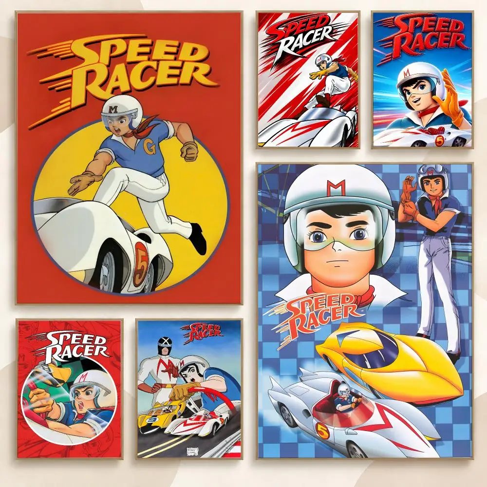 Speed Racer Classic Anime Series Dynamic Racing Scenes Poster Contemporary Wall Art Print for Bedroom & Living Room, Unframed