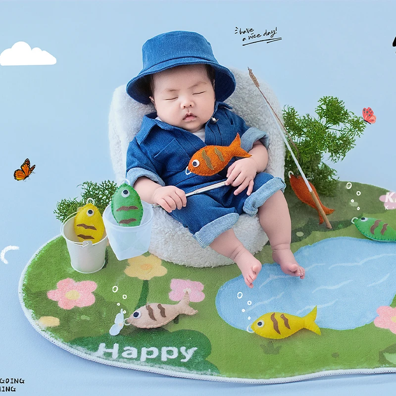 Outdoor Fishing Theme Newborn Photography Props Denim Romper with Hat Fishing Gear Scene Props for 0-1 Month Infant Photo Shoot