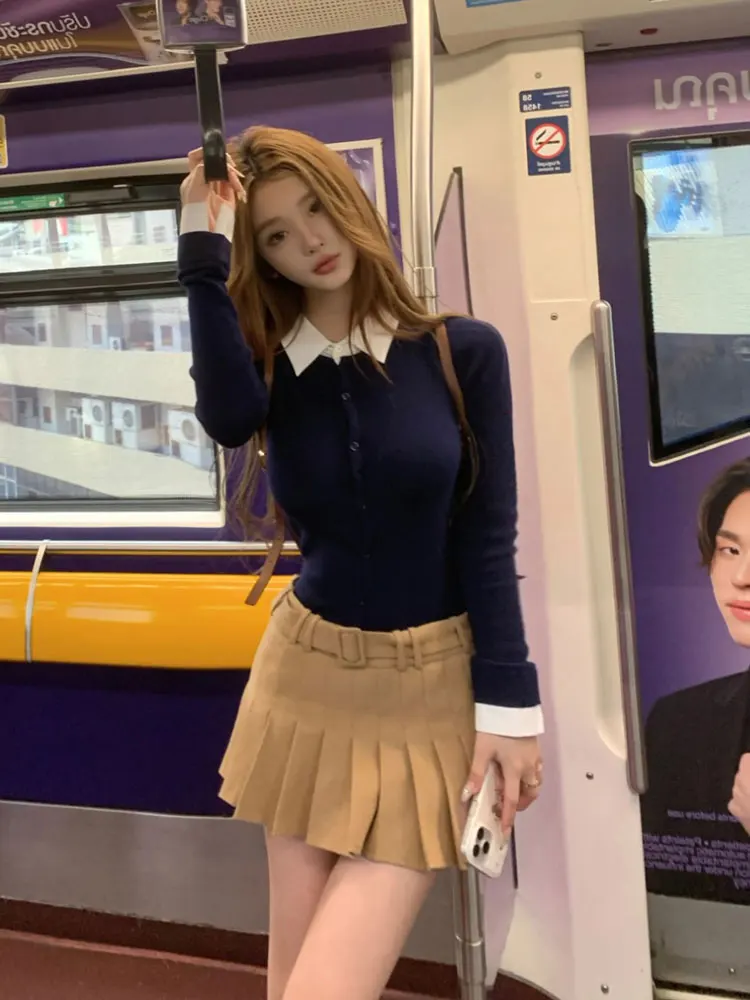 

Женская трикотажная юбка-карандаш в клетку с завышенной талией и воротником, приталенная, для создания эффекта стройности, в стиле «Spicy Girl»