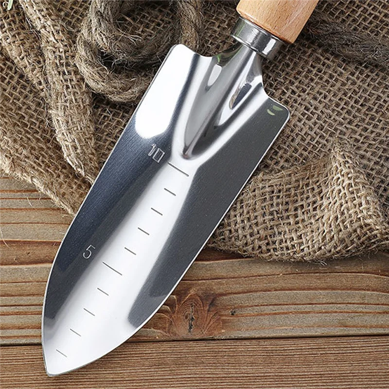 AB08-3-Piece The Garden Wooden Handle Small Shovel Silver Steel Includes A Wide Shovel, A Pointed Shovel And A Three-Toothed Rak