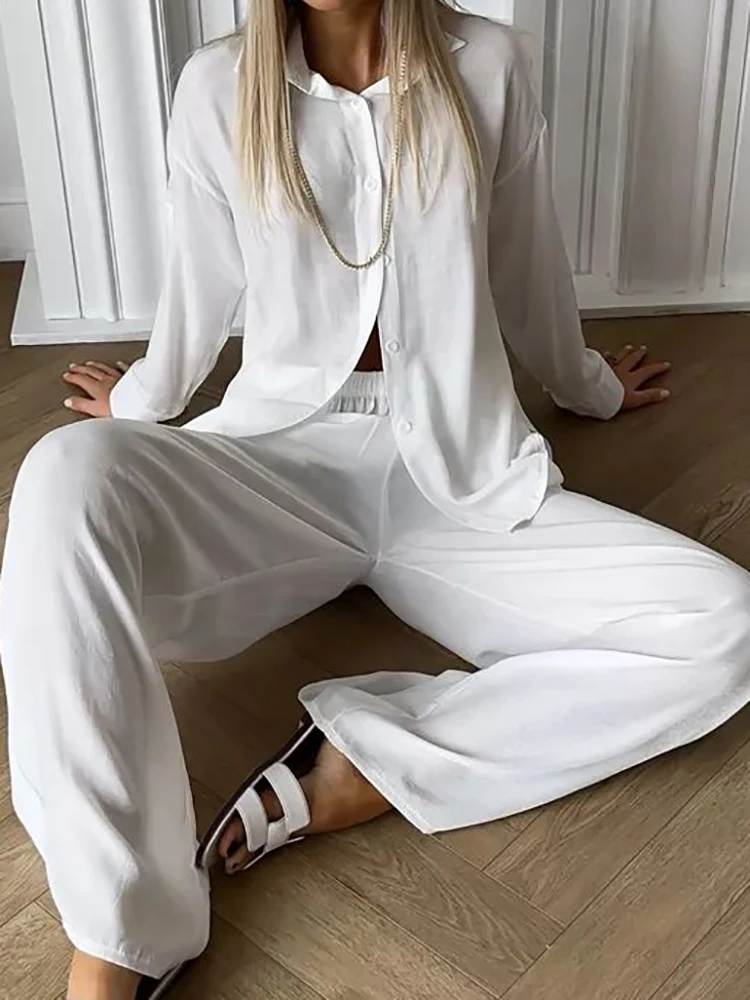 Linad Loose Pajamas For Women 2 Piece Sets Casual Long Sleeve Sleepwear Female Trouser Suits 2024 Summer Casual Nightwear Solid