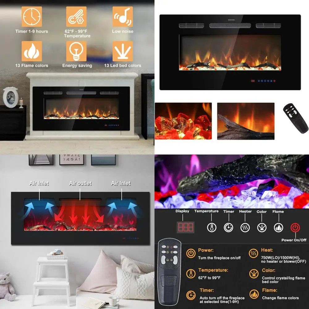 

Электрический каминный вкладыш 33, настенный обогреватель, линейное пламя, сенсорное управление, многоцветный, таймер, имитация дров и кристаллов, 750 Вт