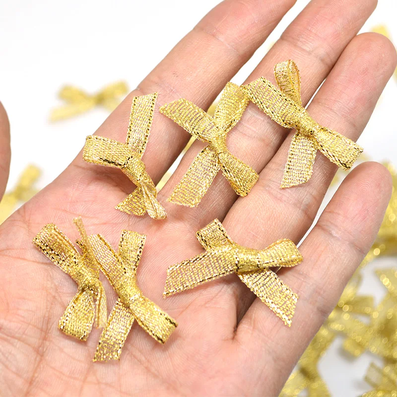 100pcs DIY Gift Decoration Polyester Ribbon Bow  Gold And Silver Color Mini Ribbon Bows For DIY Jewerry Underwear Decoration