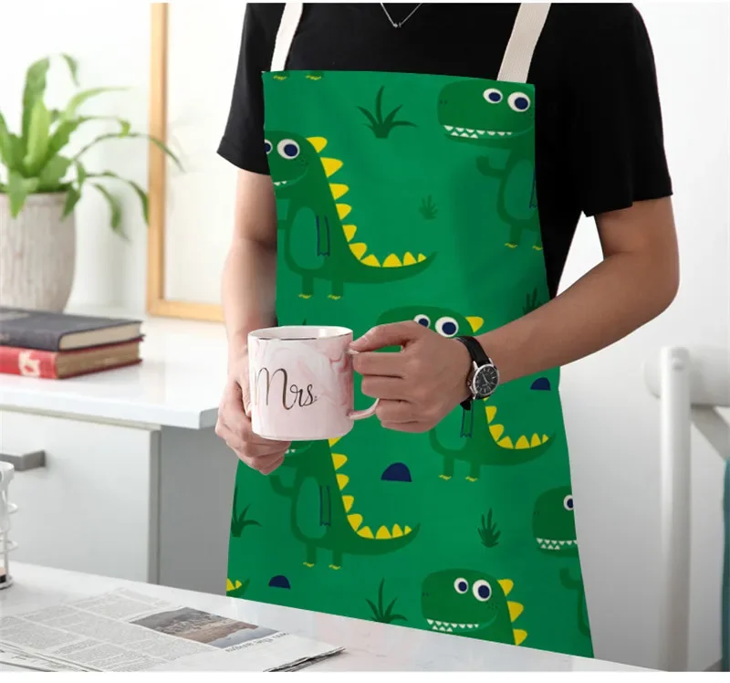 Cute Cartoon Dinosaur Aprons for Women Children Kitchen Apron Linen Soft Fabric Adults Children Bib Baking Accessories Delantal