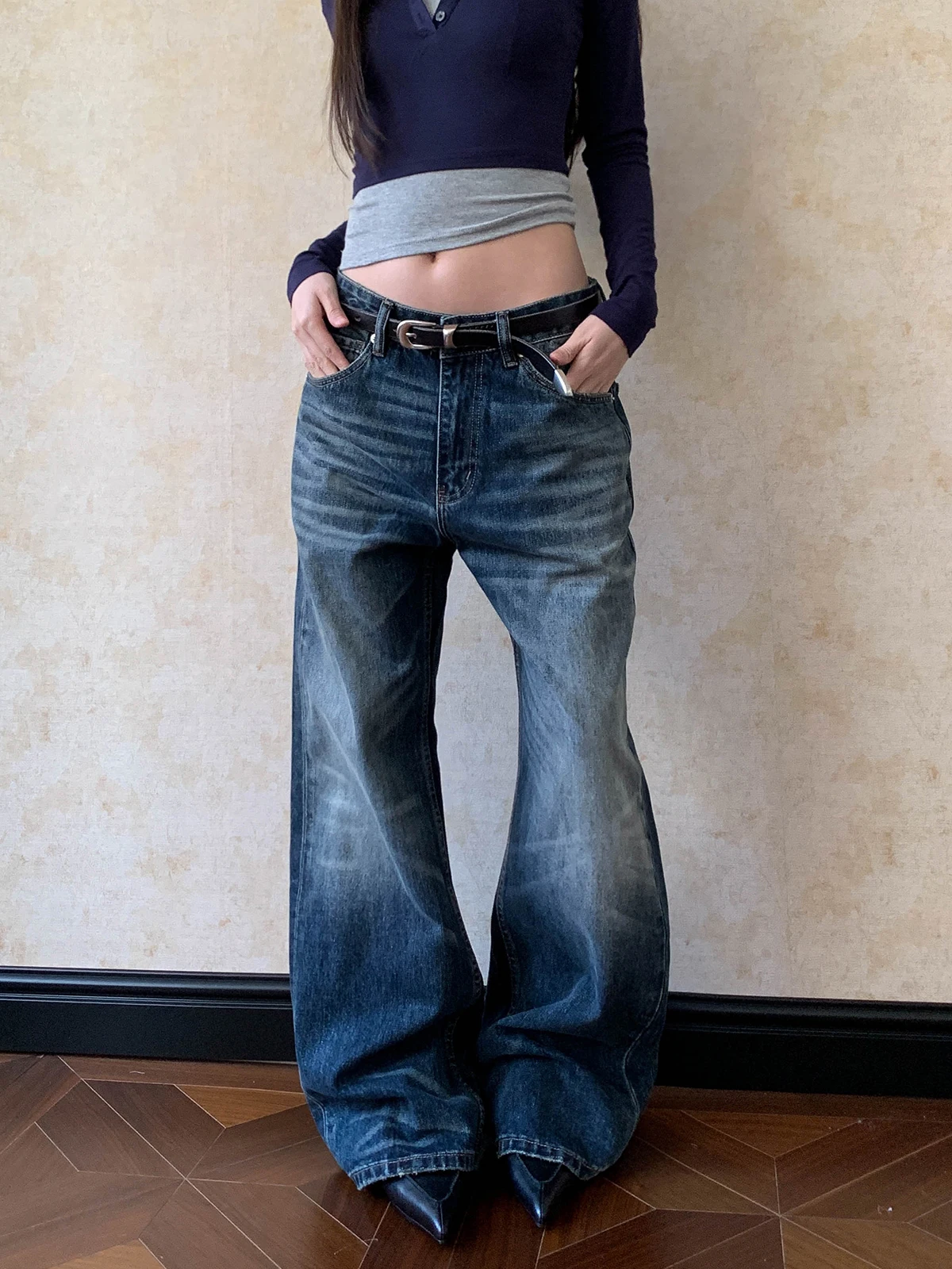 

Aket American Retro Deep Blue Jeans Street Sle Faded Loose Straight Leg Long Pants Women High Waist Denim Cotton