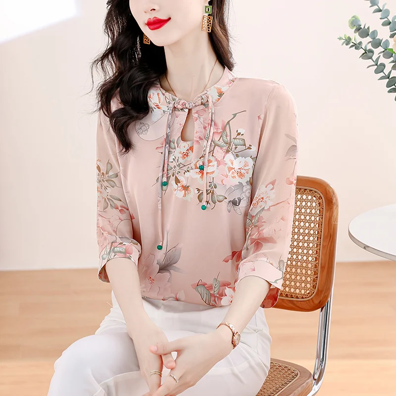 Women Summer Fashion Elegant Loose Printing V-neck 3/4 Sleeve Chiffon Shirts Women Clothes Casual All-match Appear Thin Tops