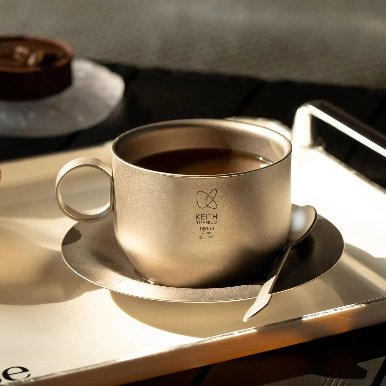 KEITH  Pure Titanium Coffee Cup Set, Double Wall Anti-scald Mug with Saucer & Spoon, 150ml for Home Camping Office Gift Ti3601