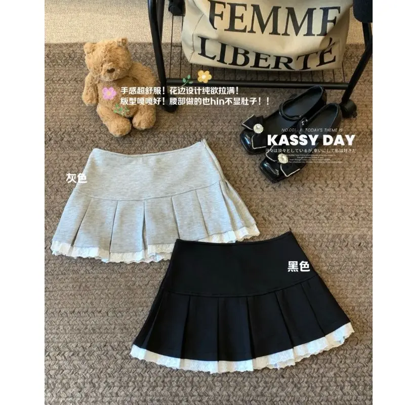 الكشكشة السوداء تنورة صغيرة المرأة الكورية المرقعة مطوي التنانير اليابانية Kawaii عالية الخصر كل مباراة ألف خط تنورة جديد