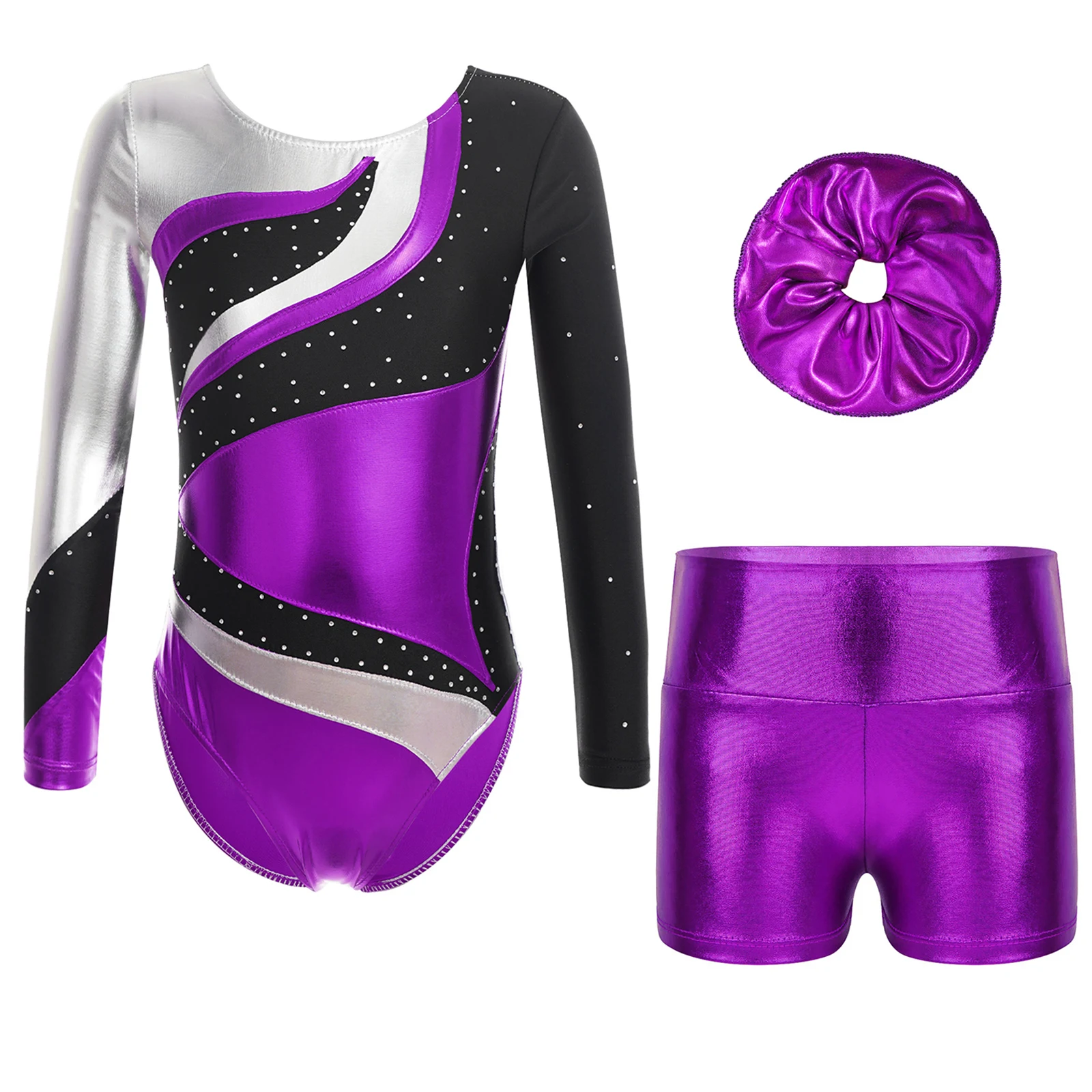 

Kids Girls Sports Outfits Metallic Rhinestone Long Sleeve Ballet Gymnastics Suit Dance Leotard Unitard and Shorts Hair Tie Set