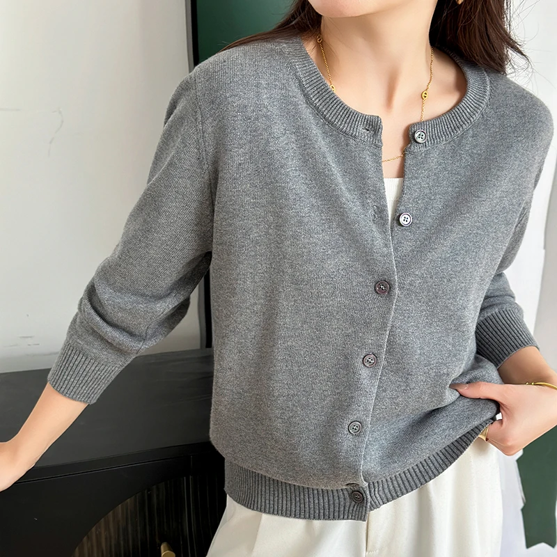 

Spring/autumn 100% cotton women's cardigan casual knitted Swearcoat long sleeved loose round neck Tops single breasted Blouse