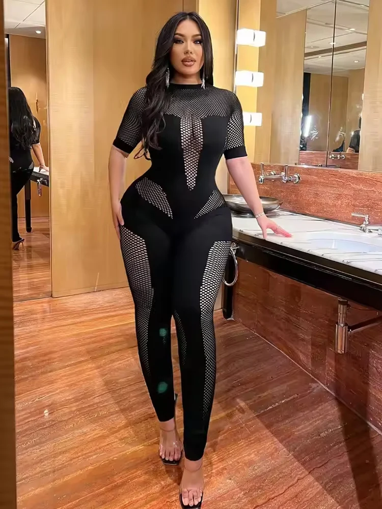 

Kliou Sexy Hollow Mesh Patchwork Jumpsuits Woman o-Neck Short Sleeve Skinny Peach Hip Hot Girls Midnight Club Party Overalls