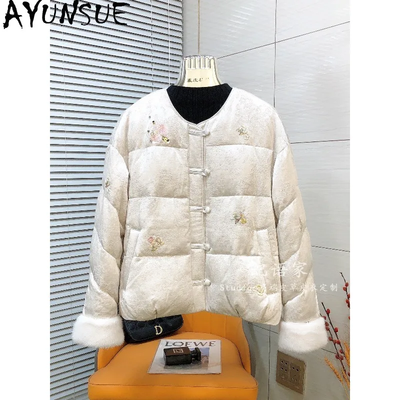 

AYUNSUE Women's Goose Down Jackets Chinese Style Patchwork Mink Fur Cuff Outerwears Warm Winter Down Jacke Woman Clothes Casaco