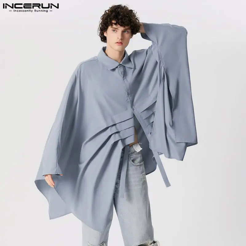 2024 Men\'s Irregular Shirt Solid Color Lapel Long Sleeve Pleated Camisas Streetwear Loose Fashion Casual Men Clothing INCERUN