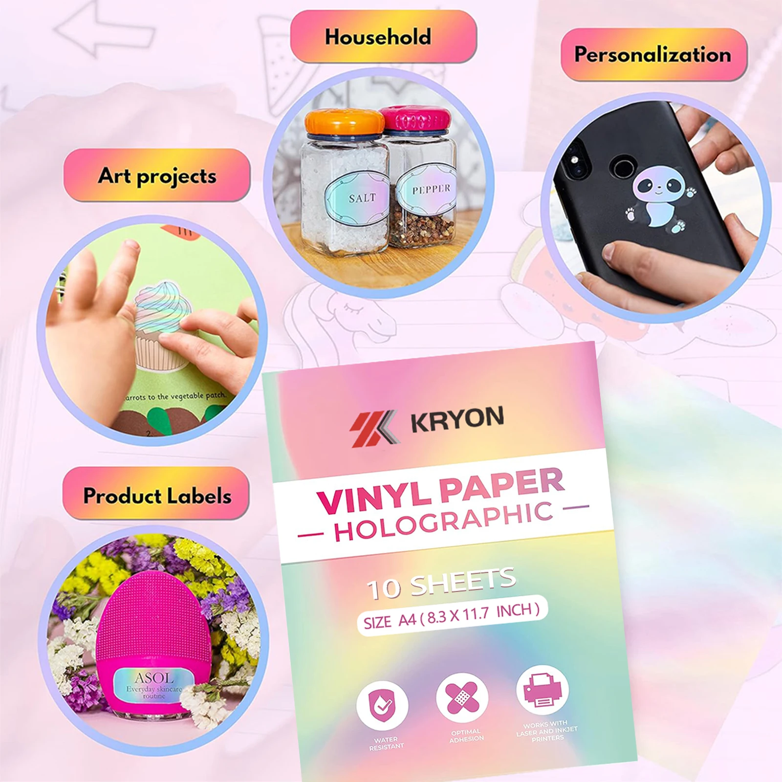 10 أوراق - أوراق لاصقة من الفينيل بألوان قوس قزح - مقاس A4 (8.3 × 11.7 بوصة)، ذاتية اللصق، مقاومة للماء، متوافقة مع طابعة النافثة للحبر والليزر