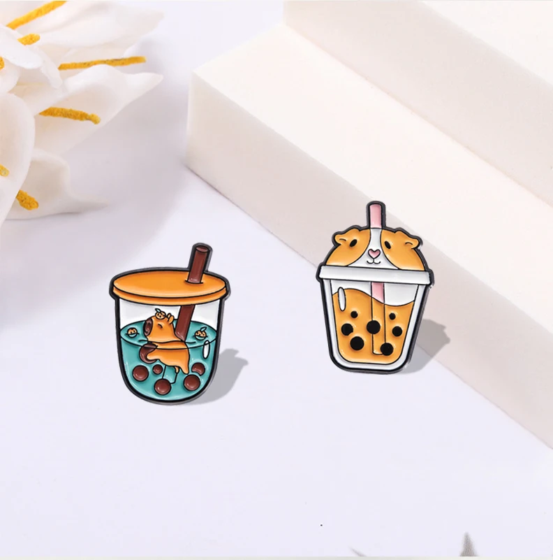 Cute Animal Milk Tea Enamel Pins Custom Salamander Capybara Frog Fox Brooches Lapel Badges Animal Jewelry Gift for Kids Friends