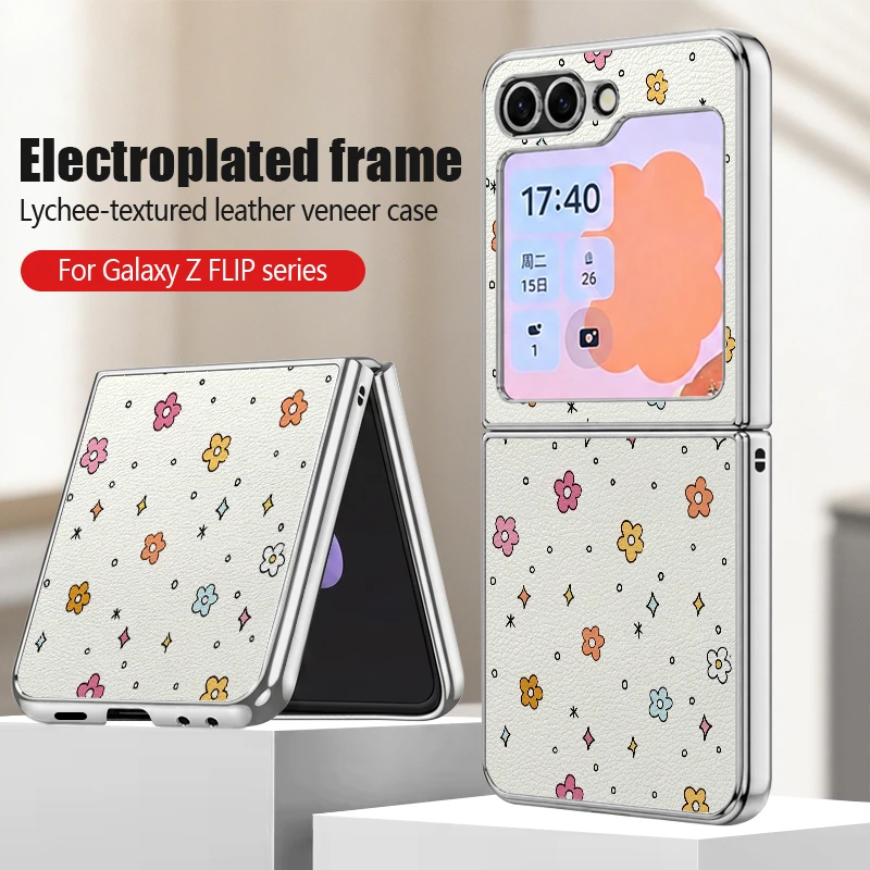 Bunte Handyhülle mit Blumenmuster und Lychee-Textur für Samsung Galaxy Z Flip7 FE Flip6 Flip5 Flip 7 6 5, plattierter PC-Rahmen, Hartschale