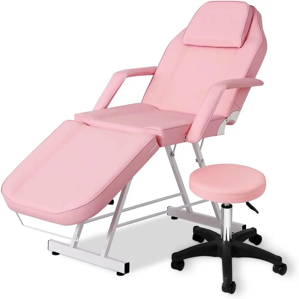 

Pink Adjustable Massage and Tattoo Chair with Facial Spa Bed and Hydraulic Stool, Up to 300 lbs