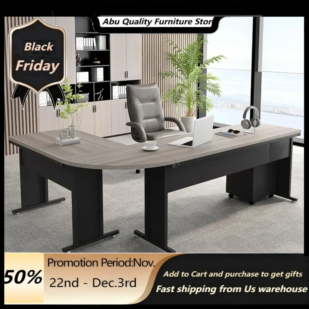 Office Furniture Desk Sets ,83 Inch L-Shaped Desk With Drawers, Large Executive Office Desk With 3-Drawer File Cabinet