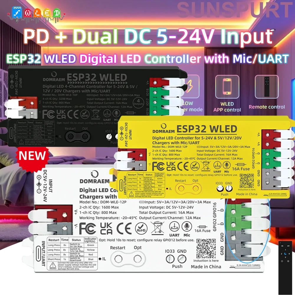 

Контроллер светодиодной ленты ESP32 WLED с микрофоном, UART, загрузкой музыки, динамическим режимом звука, RGB IC, DIY, управление по WiFi через приложение, простое подключение для WS2811 4