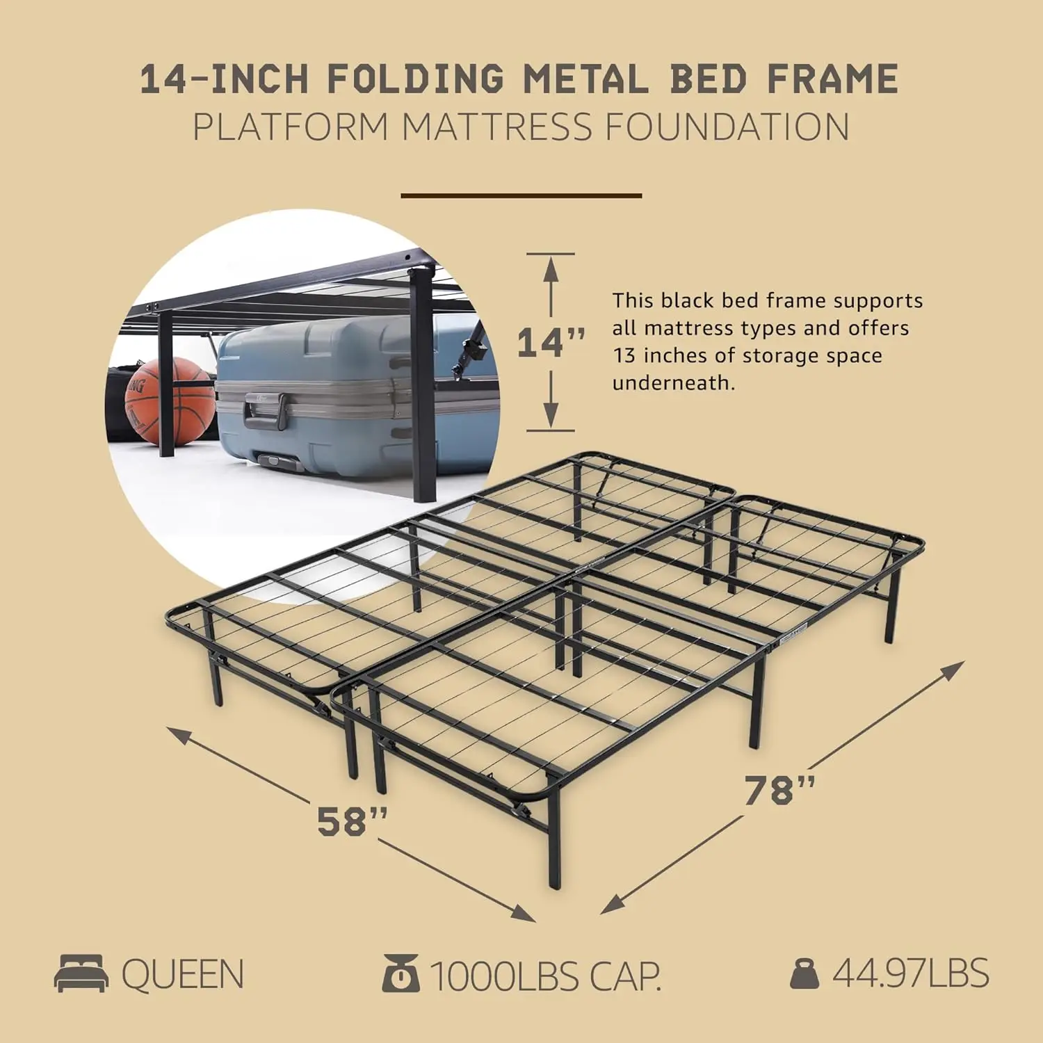 Folding Metal Bed Frame, 14" Platform Mattress Foundation, No Box Spring Needed, Queen