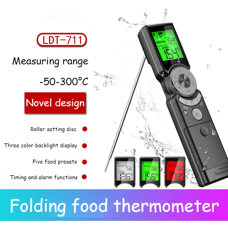 

Probe Electronic Food Thermometer Kitchen Cooking Baking Meat Bbq Temperature Measurement Wheel Tricolor Backlight Design