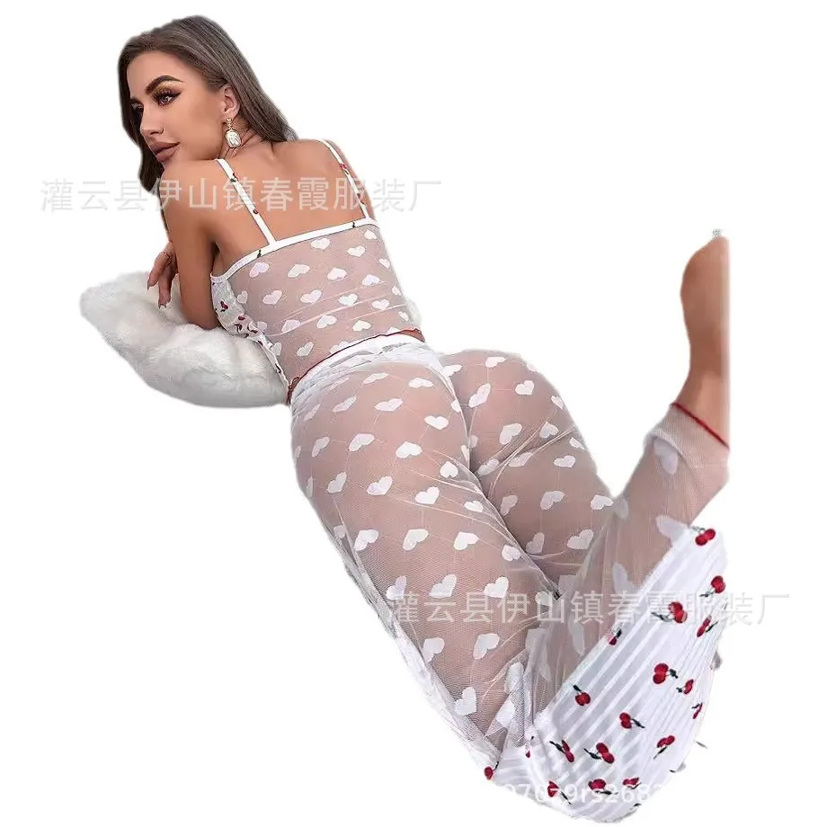 

Women's Pajamas Backless Mesh See-through Nightgown Summer Silk Satin Suspender Sexy Cute Print Sleeping Pajamas Set With Pants