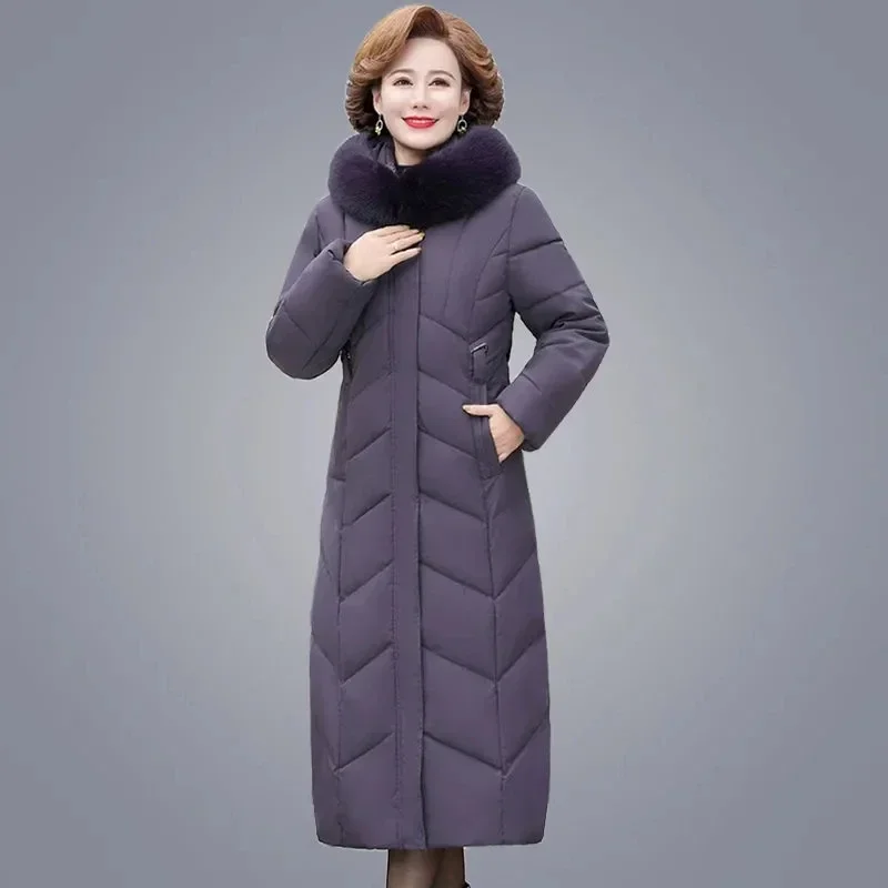 

Quilted Extra Thick Long Parka Mom's Winter Parka Hooded Fur Collar Down Cotton Coat Mid-aged Elderly Women's Warm Jacket 8XL