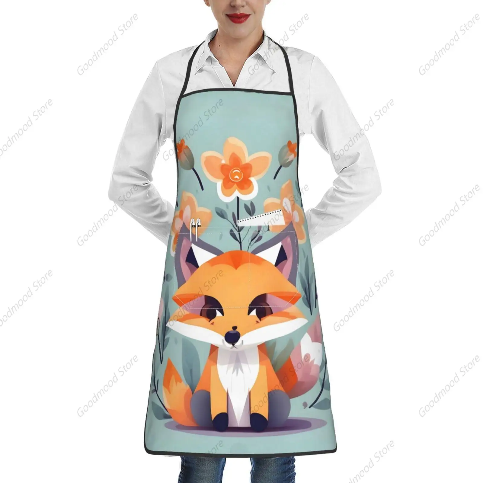 Cute Animal Fox Flowers Print Cooking Aprons Grilling Bbq Kitchen Apron Bib Waterdrop Resistant With Pockets For Chef