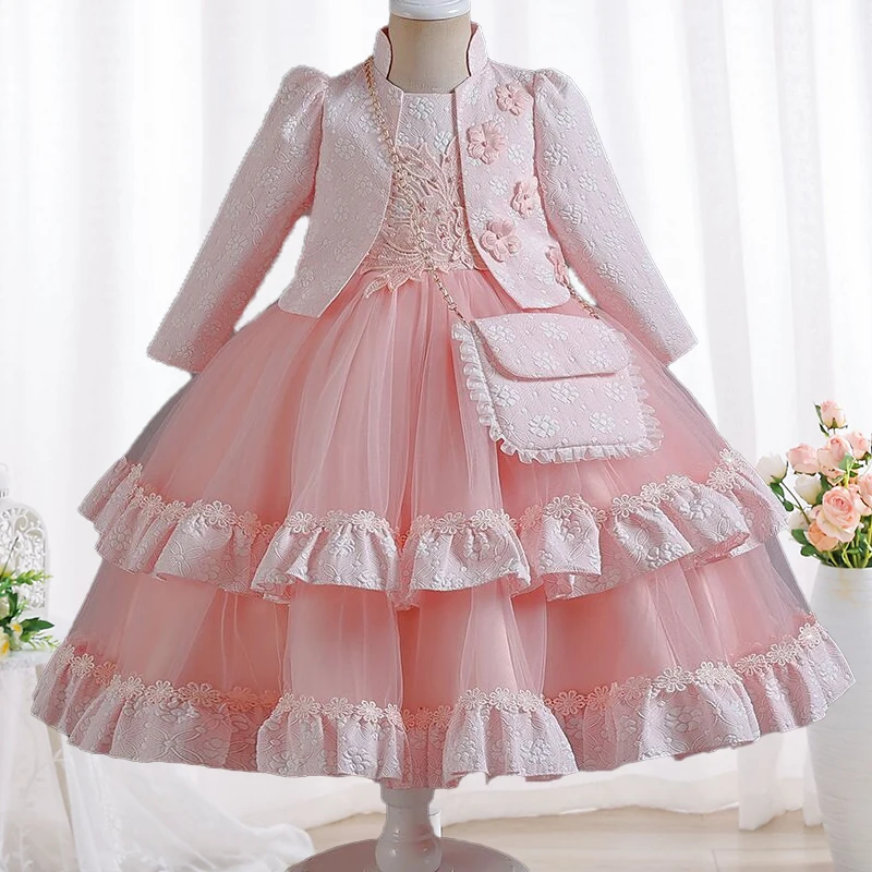 

New 2024Girls' Dress Elegant Long Sleeve Embroidery Party Dress Wedding Flower Child Dress Free Delivery for Girls aged 0-8