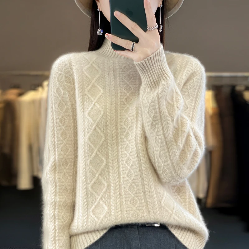 Merino Thickened Wool Sweater Half High Collar Twisted Flower Knitted Pullover Women\'s Wool Knitted Solid Color Top Winter