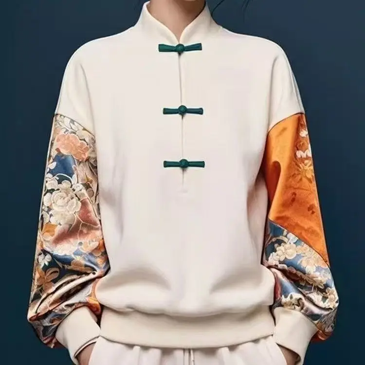 

New Chinese style Button up Collar Autumn/winter Fashion Retro Exquisite Long-sleeved Shirt Loose Fashionable Print Casual Top