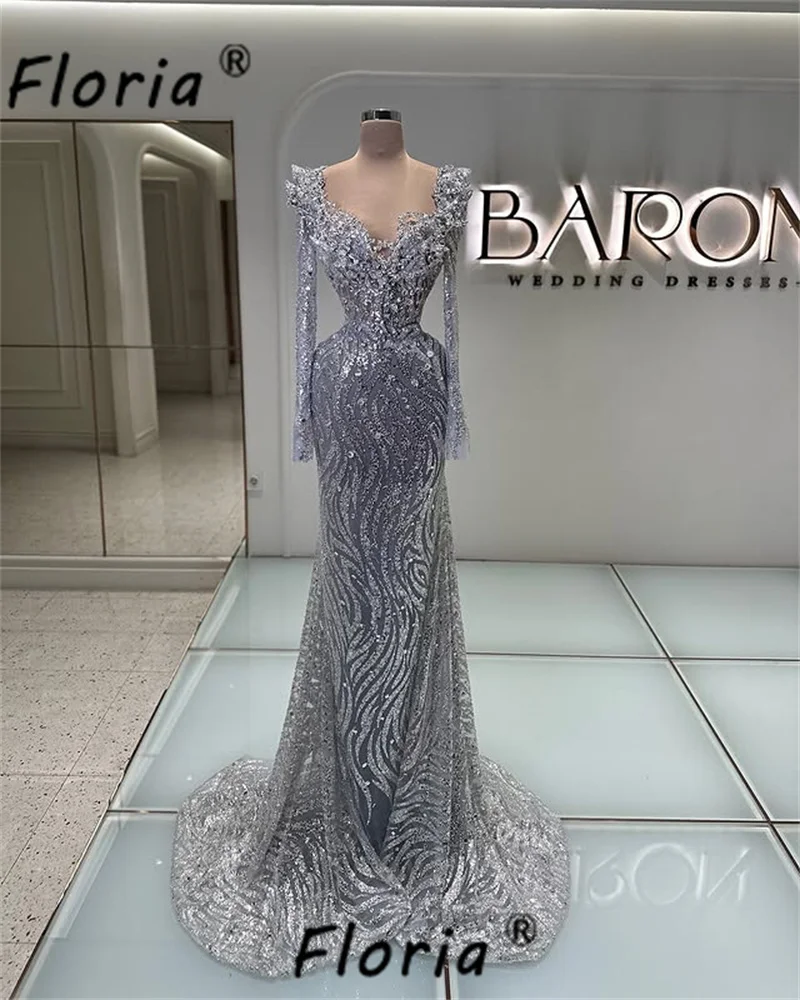 

Luxury Silver Bead Mermaid Prom Dresses Sparkle Crystal Sequin Long Sleeves Evening Party Gown Vestido de Noche Customized 2025