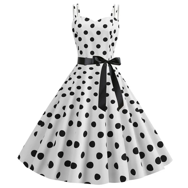 Kobiety lato seksowny pasek Spaghetti sukienka w kropki Vintage elegancka duża rozkloszowana sukienka Rockabilly Vestidos