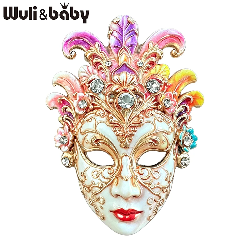 Wuli&baby Vintage Mask Brooches For Women Unisex 4-color Rhinestone Charming Beauty Character Face Party Brooch Pins Gifts