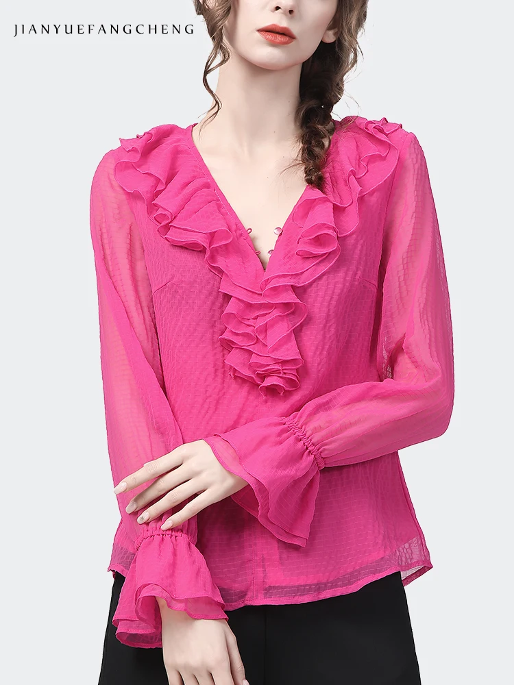 Fashion Rose Red Chiffon Blouse Women 2022 Spring New Long Sleeve V-Neck Ruffles Top Elegant Slim Female Casual Office Shirts