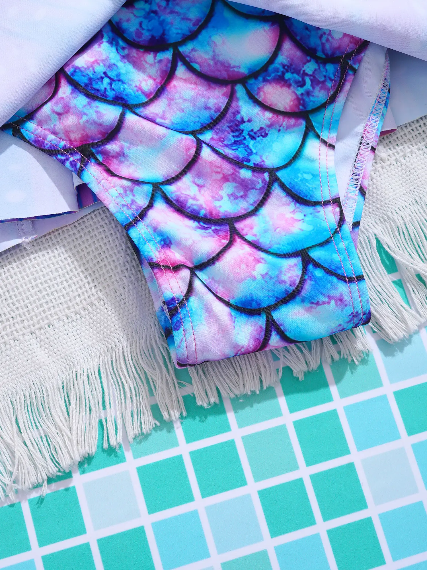 Kids Girls One-piece Swimsuit Mermaid Fish Scales Print Leotard Ruffle Jumpsuit Surfing Bathing Suit Beachwear Swim Rash Guard