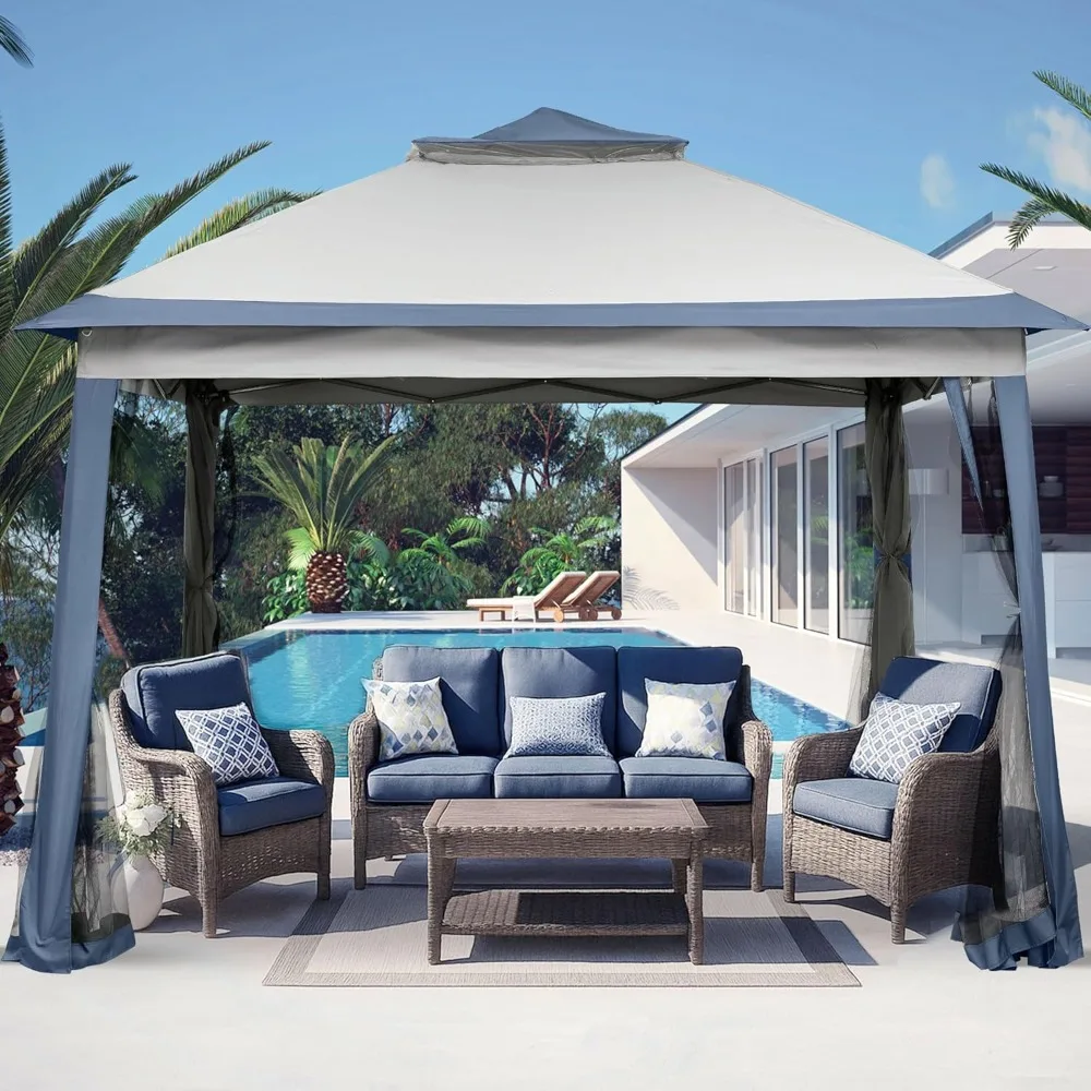 

11x11 Pop Up Canopy Tent, Outdoor Canopy with Netting, Outdoor Gazebo for Backyard, Tent with Handbag, Blue, Customized