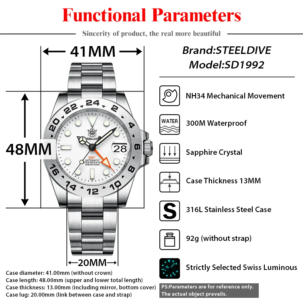 Imagem -02 - Steeldive-relógio de Mergulho Mecânico Sd1992 Nova Cor Luxo Gmt 30bar Impermeável Quatro Ponteiros Nh34 Movimento Suíço Super Luminoso