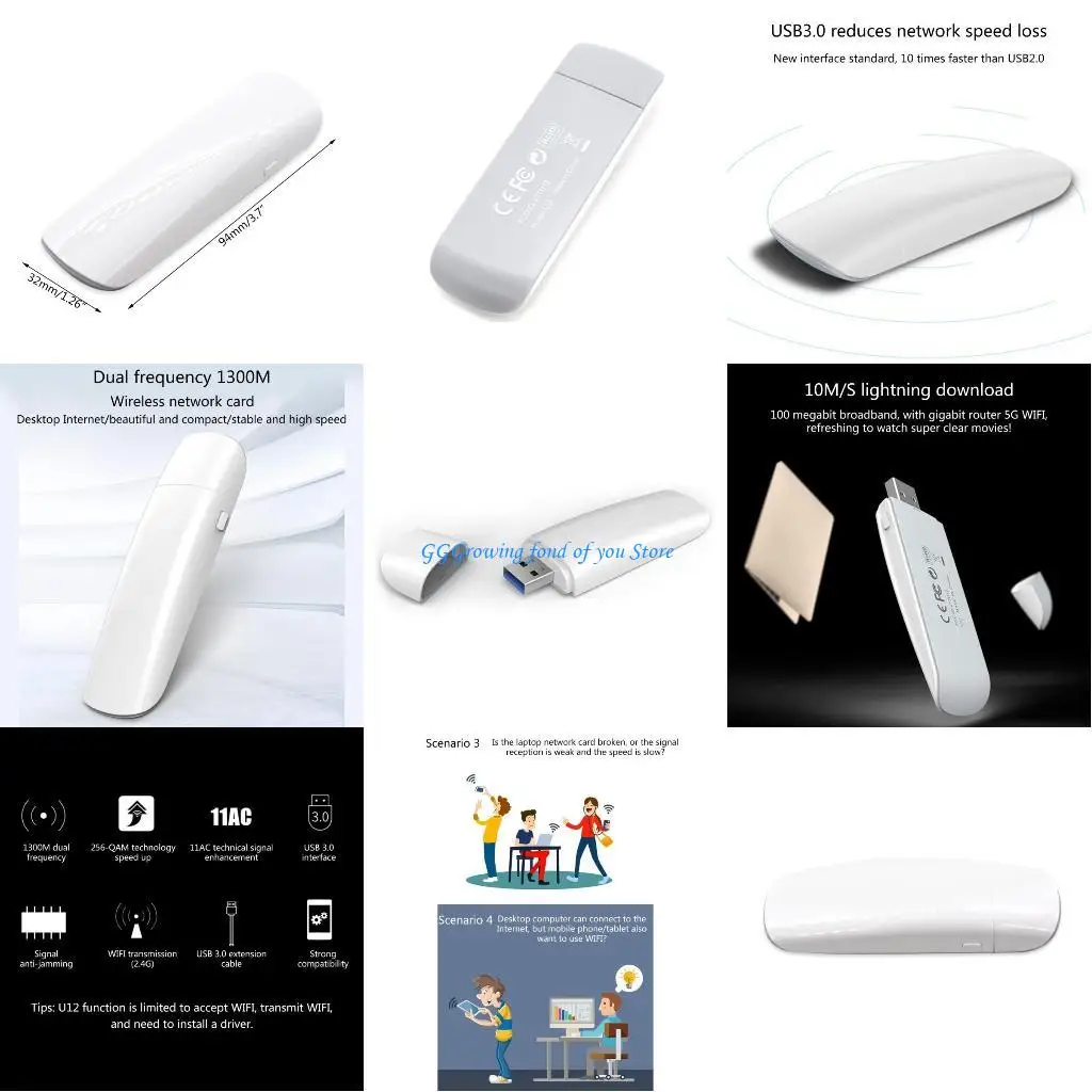 

H9EB Tenda U12 Wifi USB Adapter 4G WIFI Dongle Dual Band AC1300 Wi-Fi Card