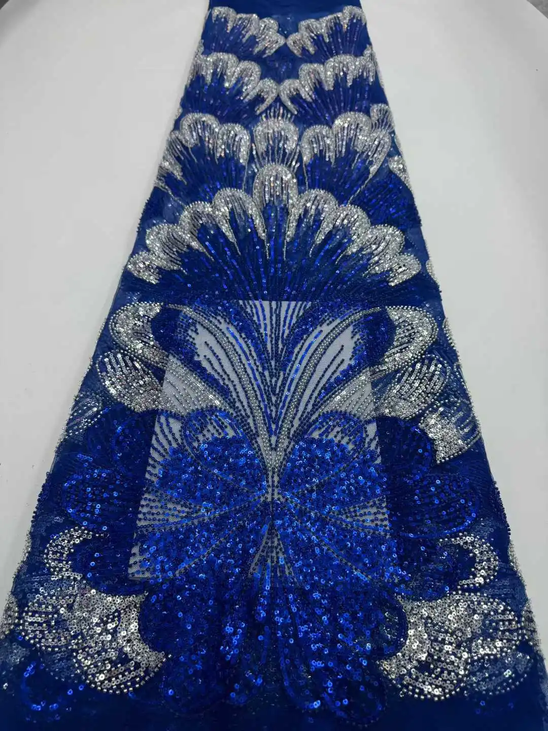 African Beads Lace Fabric 2025 Sequins Beaded Embroidery Nigerian Bridal High Quality French Tulle Lace Fabric for Wedding 1770