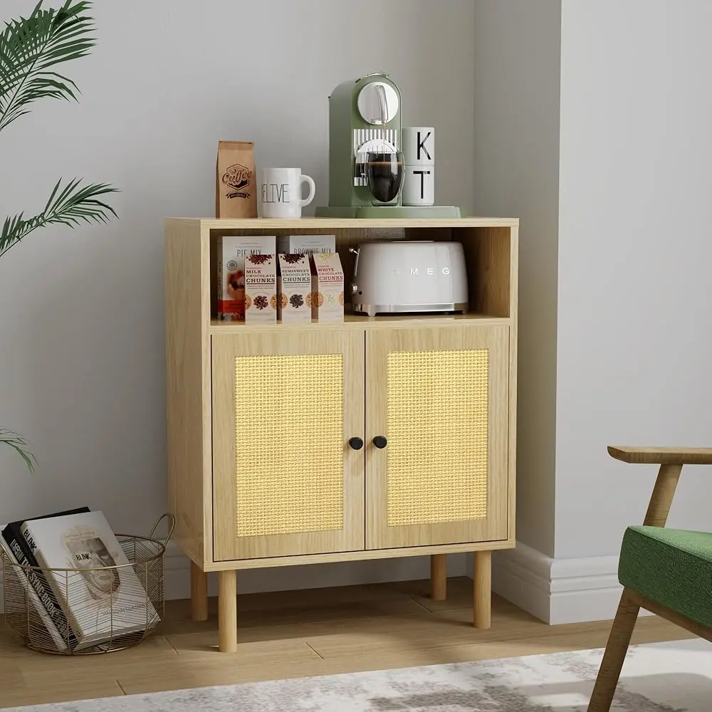 

Rattan Small Coffee Bar Cabinet, Kitchen Storage Sideboad,Bathroom Corner Floor Shallow Cabinet With Adjustable Shelves & 2