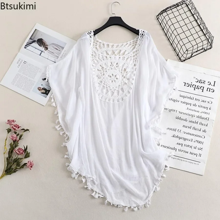 New 2025 Women's Summer Cover-Ups Solid Crochet Pattern Bat Short Sleeve Round Neck Tassels Loose Mini Dress Beachwear Dress